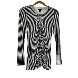 Halogen Black & White Striped Ruched Center Long Sleeve Scoop Neck Shirt Small